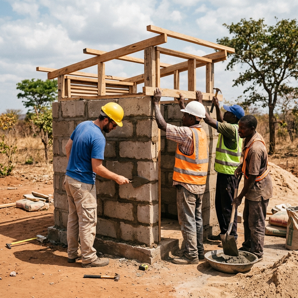 Artisans building a toilet structure